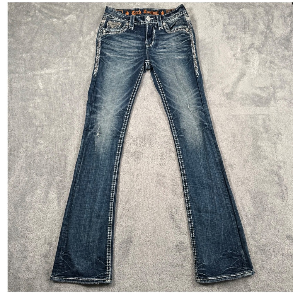 Rock Revival Jeans Women 24 Janna Bootcut Thick Stitch Embellished Wesetern Y2K